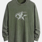 Star Print Relax Fit Long Sleeve Washed Distressed T-Shirt