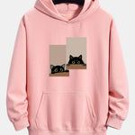 Black Cat Staring Print Relax Fit Hoodie