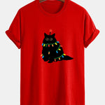 Regular Fit Colorful Light Black Cat Print Cotton T-Shirt