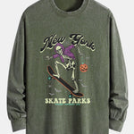 Halloween Skateboard Skeleton Print Relax Fit Long Sleeve Washed Distressed T-Shirt