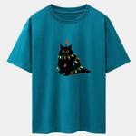 Christmas Lights Black Cat Print Drop Shoulder Oversize T-Shirt