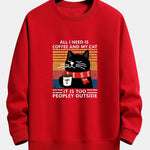 Black Cat Drinking Coffee Print Relax Fit Sweatshirt