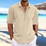Men's Casual Solid Color Pullover Lapel Roll-Up Cotton and Linen Sleeve Long Sleeve Shirt