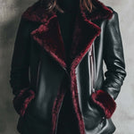 Women's Retro Contrast Color Fur Collar Leather Jacket