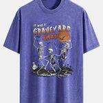 Halloween Dancing Skeleton Print Washed Distressed Drop Shoulder T-Shirt