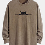 Black Cat Print Relax Fit Long Sleeve Washed Distressed T-Shirt