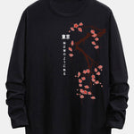 Long Sleeve Cherry Blossoms Print Cotton Arc Hem T-Shirt