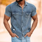 Men's Vintage Stripe Ripped Short Sleeve Denim Shirt
