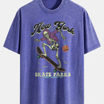 Halloween Skateboard Skeleton Print Washed Distressed Drop Shoulder T-Shirt
