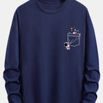 Long Sleeve Pocket Planet Astronaut Print Cotton T-Shirt