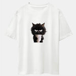 Black Cat Drinking Coffee Print Drop Shoulder Oversize T-Shirt