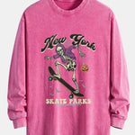 Halloween Skateboard Skeleton Print Relax Fit Long Sleeve Washed Distressed T-Shirt
