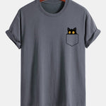 Regular Fit Pocket Black Cat Print Cotton T-Shirt