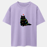 Christmas Lights Black Cat Print Drop Shoulder Oversize T-Shirt