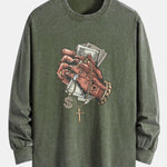 Hand Holding Cash Print Relax Fit Long Sleeve Washed Distressed T-Shirt