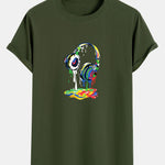 Headphones Graffiti Print Cotton Arc Hem T-Shirt