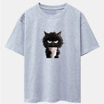 Black Cat Drinking Coffee Print Drop Shoulder Oversize T-Shirt