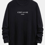 Long Sleeve Paris Slogan Print Cotton Arc Hem T-Shirt