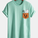 Regular Fit Pocket Pumpkin Ghost Print Cotton T-Shirt