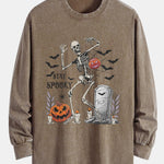 Halloween Skeleton Stay Spooky Print Relax Fit Long Sleeve Washed Distressed T-Shirt