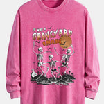 Halloween Dancing Skeleton Print Relax Fit Long Sleeve Washed Distressed T-Shirt