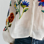 White Embroidered Cotton and Linen Long Sleeve Blouse