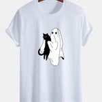 Regular Fit Ghost Black Cat Print Cotton T-Shirt