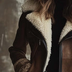 Women's Vintage Contrast Lambskin Collar Faux Leather Coat
