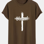 Blessed Cross Print Cotton Arc Hem T-Shirt