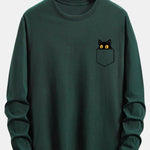 Long Sleeve Pocket Black Cat Print Cotton T-Shirt