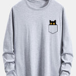 Long Sleeve Pocket Black Cat Print Cotton T-Shirt