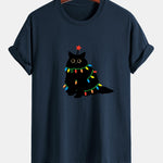 Regular Fit Colorful Light Black Cat Print Cotton T-Shirt