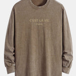 Paris Slogan Print Relax Fit Long Sleeve Washed Distressed T-Shirt