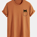 Regular Fit Pocket Black Cat Print Cotton T-Shirt