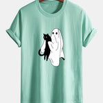 Regular Fit Ghost Black Cat Print Cotton T-Shirt
