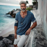 Men's Loose V-Neck Striped Patchwork Cotton Long-Sleeved T-Shirt