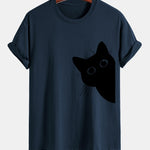 Regular Fit Black Cat Looking Out Print Cotton T-Shirt