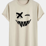 Smiley Face Print Cotton Arc Hem T-Shirt