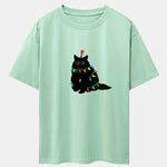Christmas Lights Black Cat Print Drop Shoulder Oversize T-Shirt