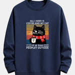 Black Cat Drinking Coffee Print Relax Fit Sweatshirt