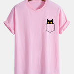 Regular Fit Pocket Black Cat Print Cotton T-Shirt