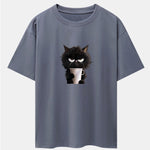 Black Cat Drinking Coffee Print Drop Shoulder Oversize T-Shirt