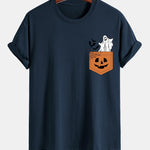 Regular Fit Pocket Pumpkin Ghost Print Cotton T-Shirt