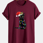 Regular Fit Christmas Lights Cat Print Cotton T-Shirt