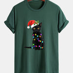 Regular Fit Christmas Lights Cat Print Cotton T-Shirt