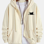 Black Cat Print Relax Fit Zip Hoodie