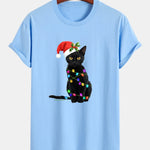 Regular Fit Christmas Lights Cat Print Cotton T-Shirt