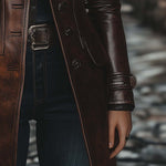 Women's Vintage Lapel Button Leather Long Jacket