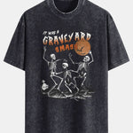 Halloween Dancing Skeleton Print Washed Distressed Drop Shoulder T-Shirt