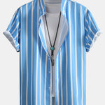 Striped Button Up Stand Collar Shirt & Man Mid Length Drawstring Swim Shorts